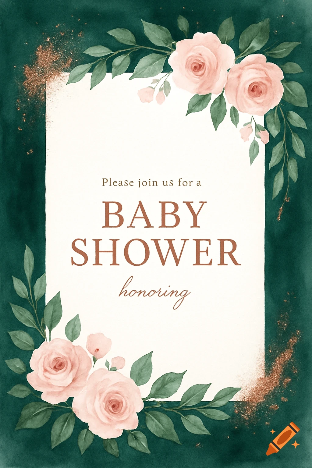 Watercolor baby shower invitation with pink roses, green leaves, and gold glitter border. Text: Please join us for a BABY SHOWER honoring.
