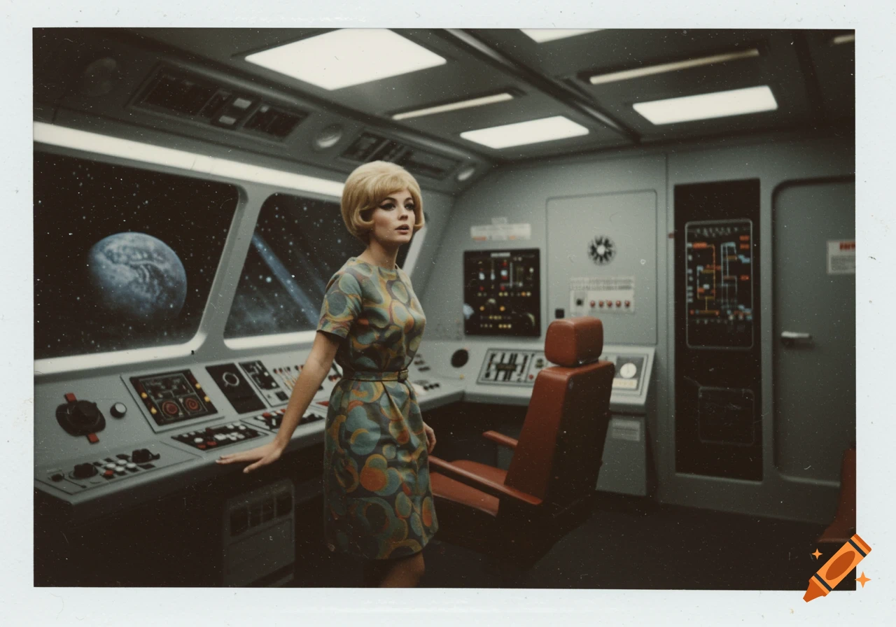 A 1960s woman stands in a futuristic spaceship cockpit looking at a planet, in a blurry Polaroid style photo.