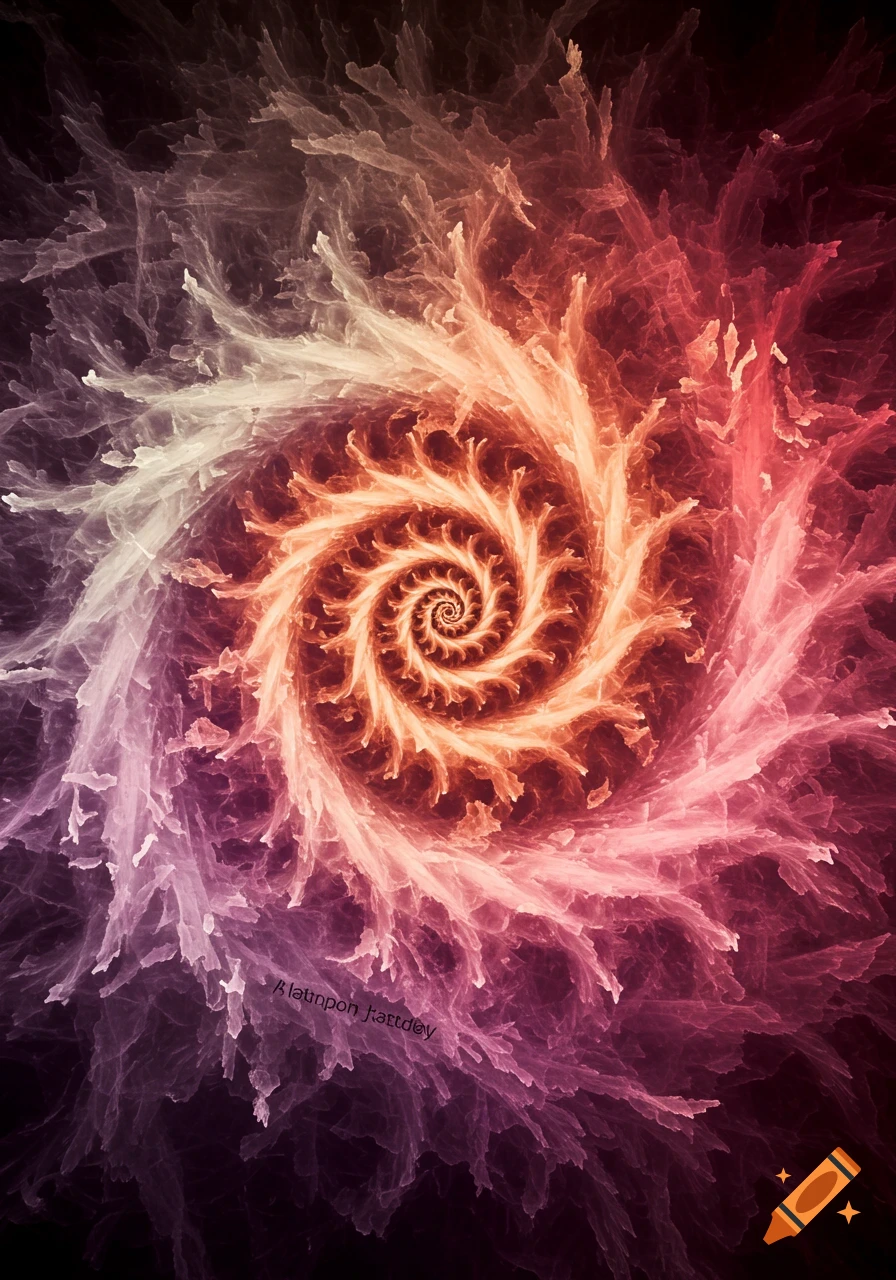 An abstract fractal spiral with glowing orange and red textures fading into purple and white.