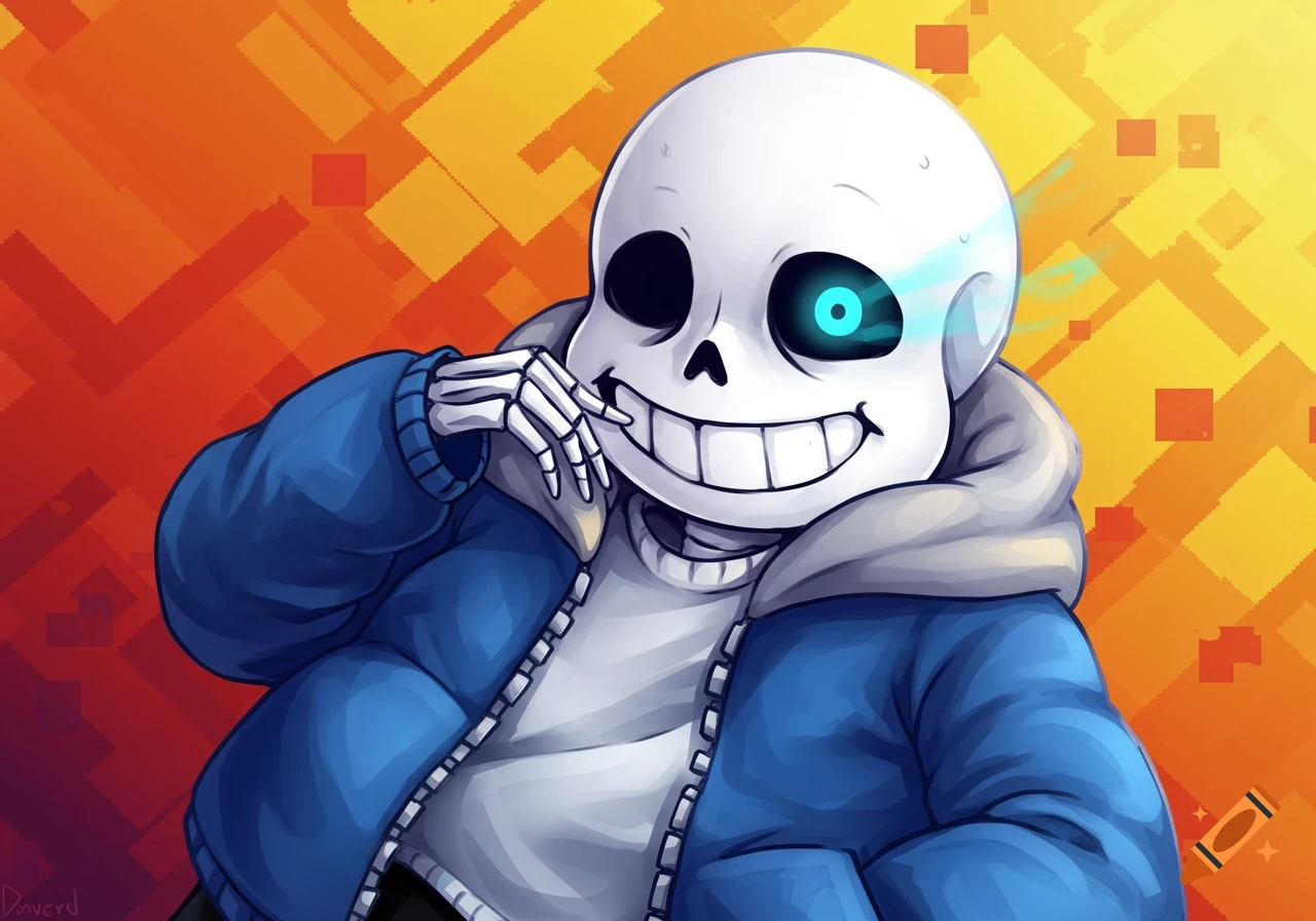 Sans from Undertale smiles, hand near his face, against an orange and yellow abstract background.