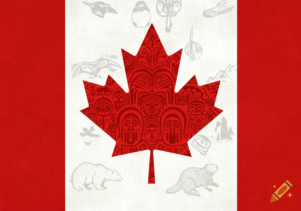 Stylized Canadian flag with a red maple leaf filled with indigenous carvings and animal illustrations.
