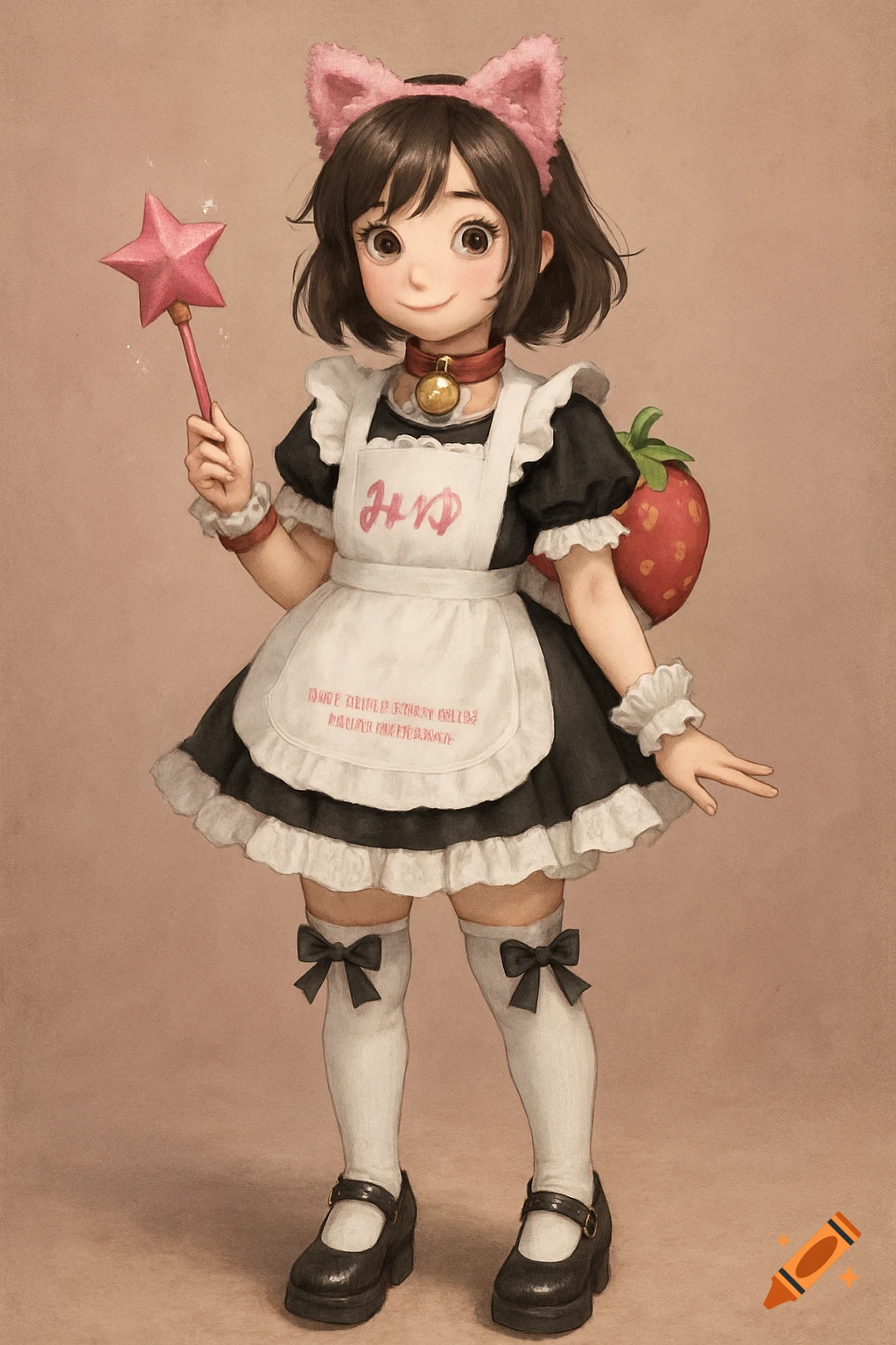 An illustration of a girl in a maid outfit with cat ears holding a star wand.