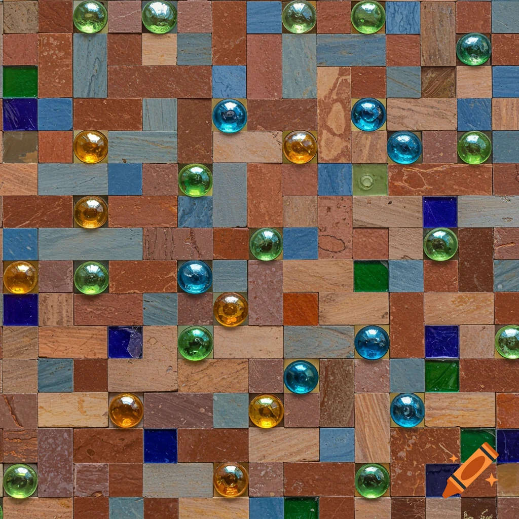 A close-up of a colorful mosaic made of square and rectangular tiles and round glass stones.