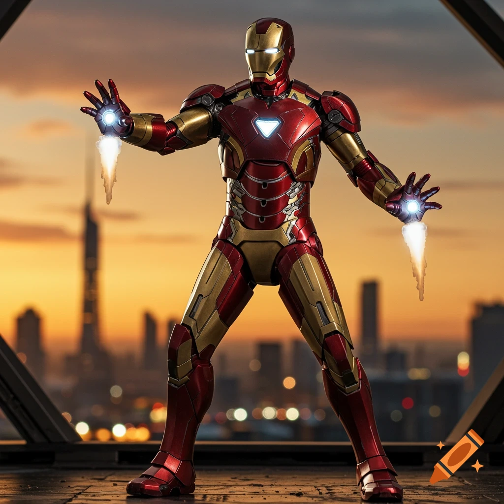 Photorealistic render of Iron Man firing repulsor rays on a rooftop overlooking a city at sunset.