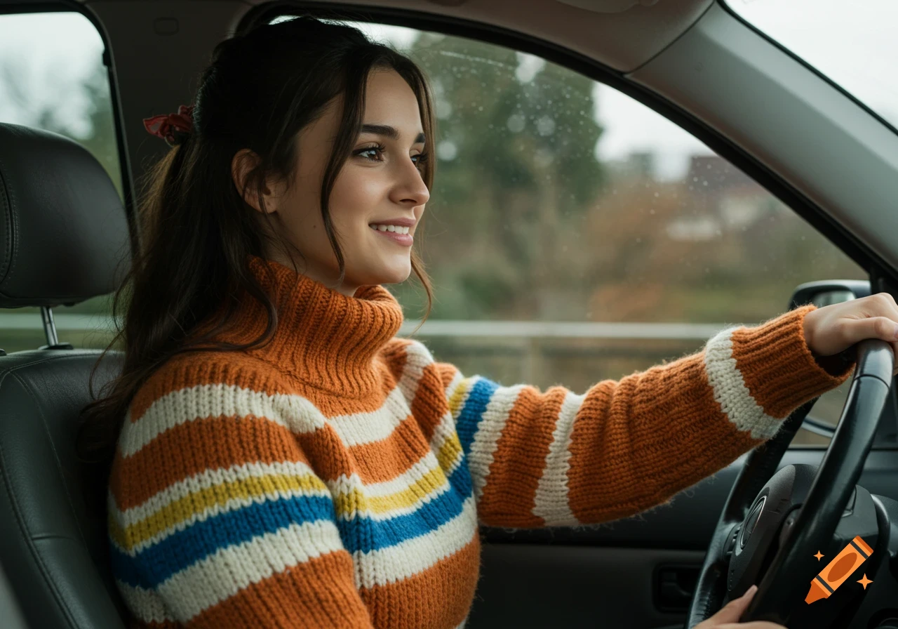 Woman in striped sweater driving a car.