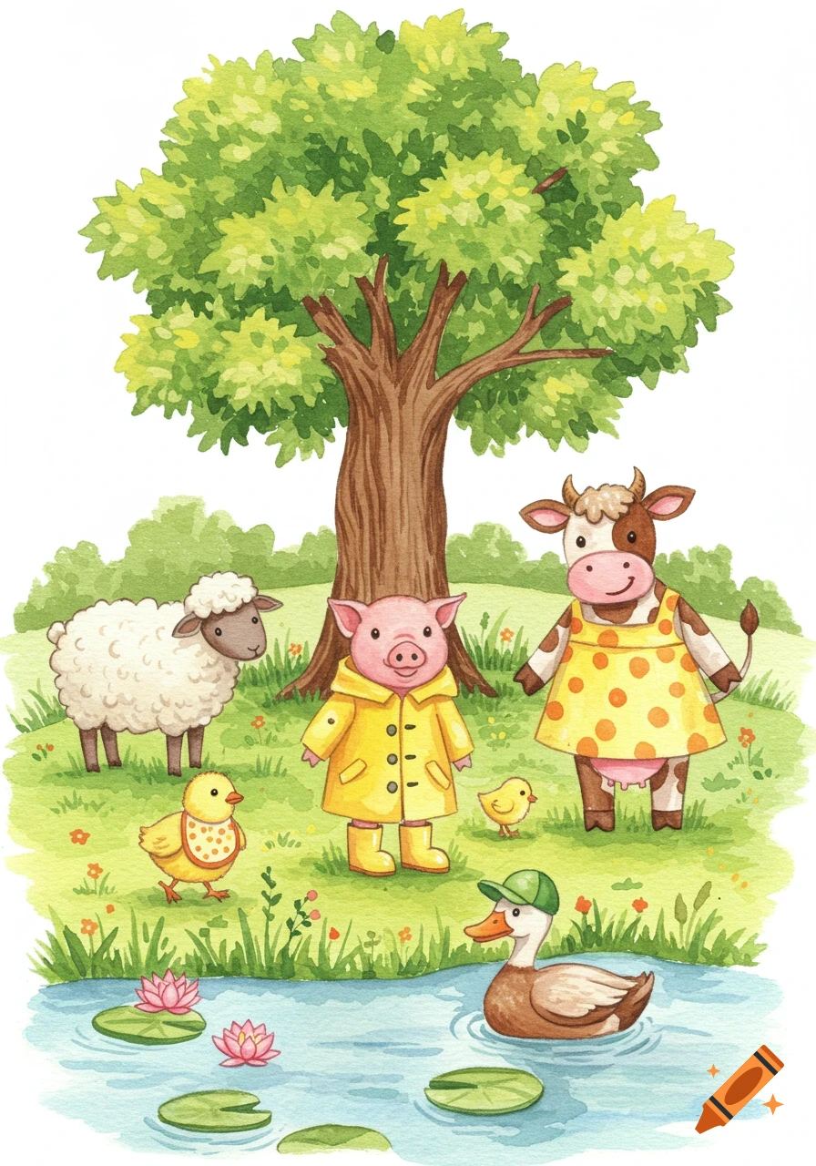 Watercolour illustration of farm animals in clothes by a pond under a tree.