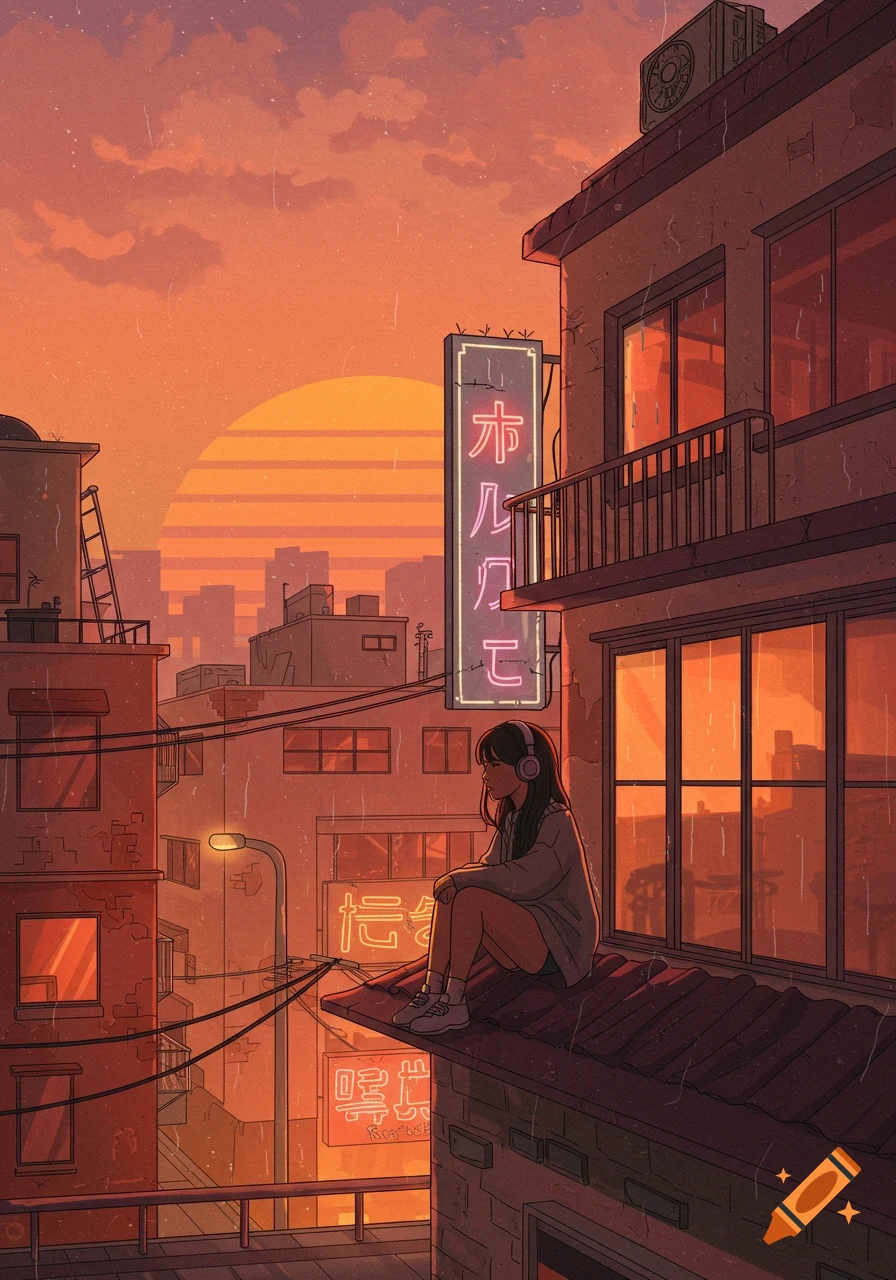 Anime style illustration of a person with headphones sitting on a rooftop at sunset over a city skyline.
