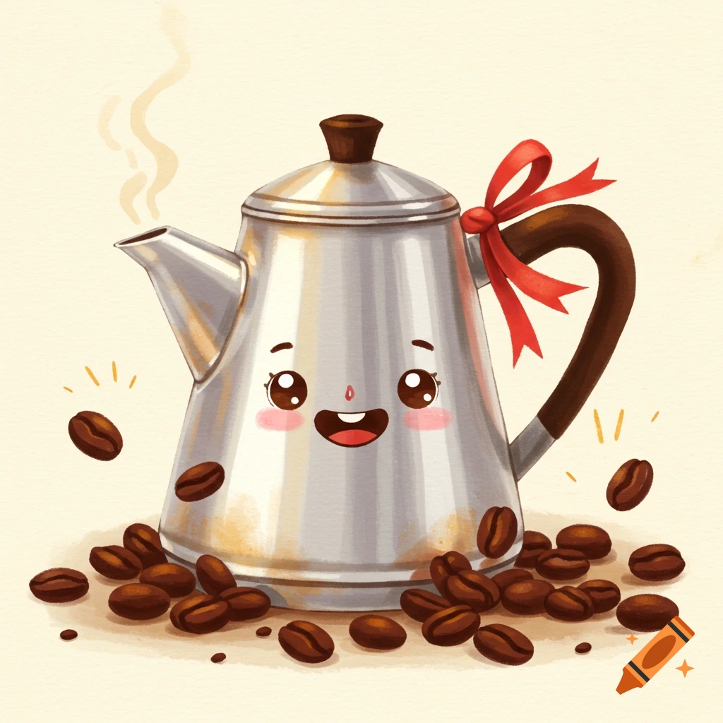 Cute illustration of a smiling coffee pot surrounded by coffee beans.