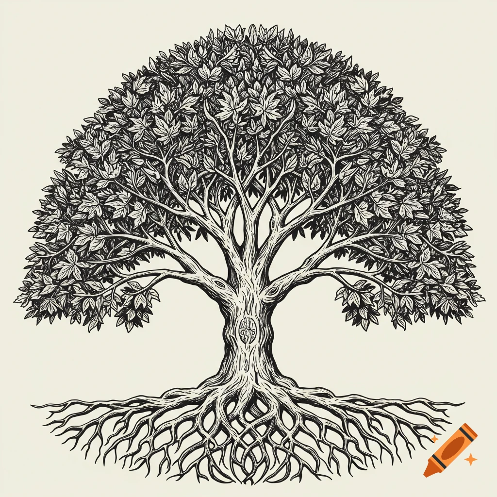 Black and white drawing of a large tree with intricate roots and a full ...