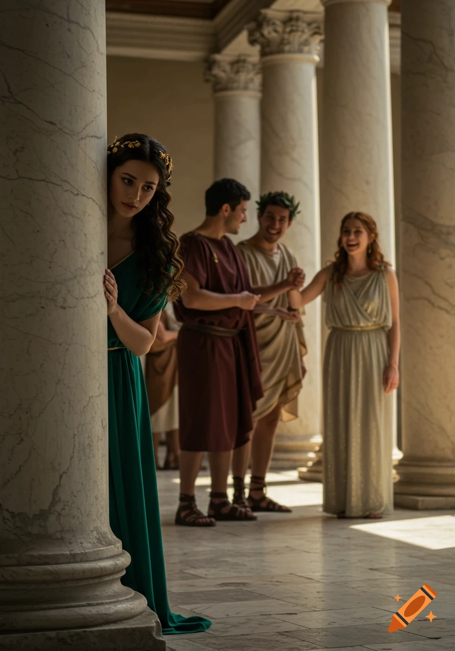 Woman in a green Roman dress hides behind a pillar, watching others in Roman attire talking in a colonnade.