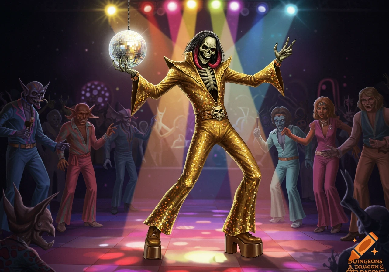 Skeleton figure in gold disco suit dancing at a disco with other creatures