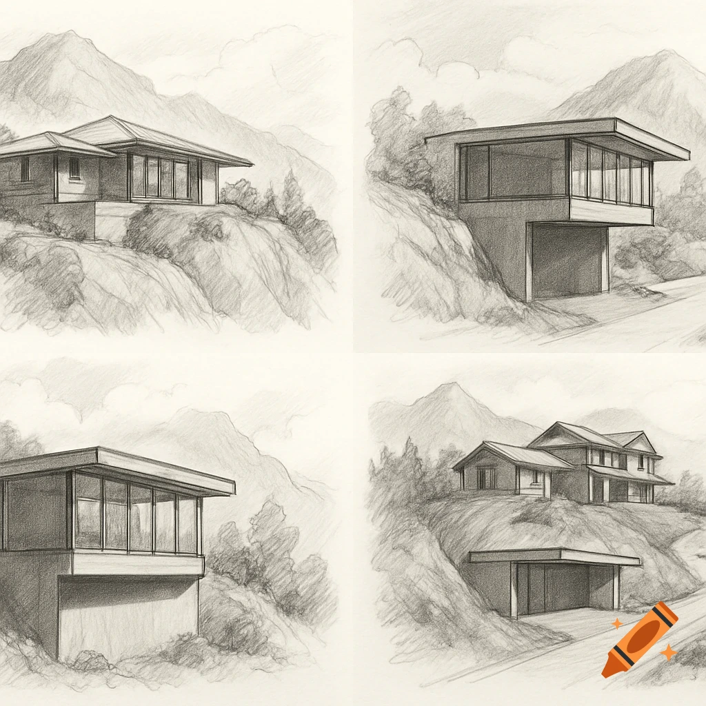 Multiple pencil sketches of houses designed into a mountainous landscape.