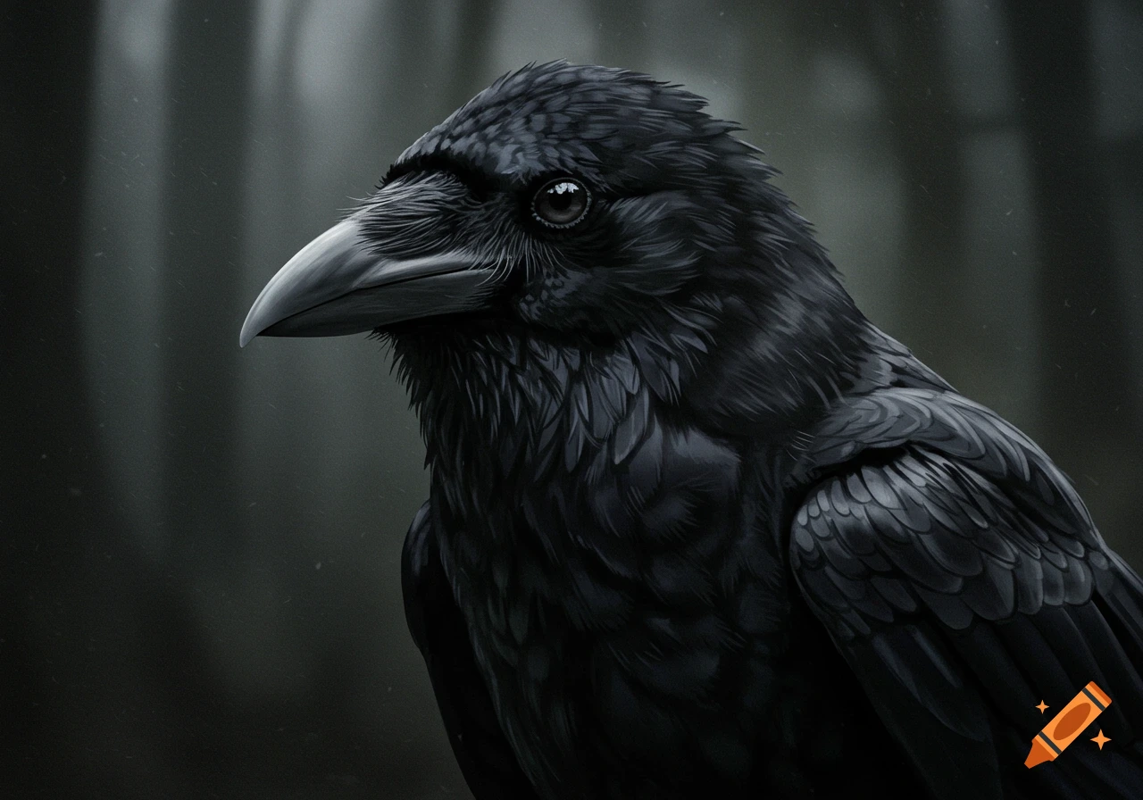 A detailed, realistic illustration of a black crow's head and chest in a dark, misty setting.