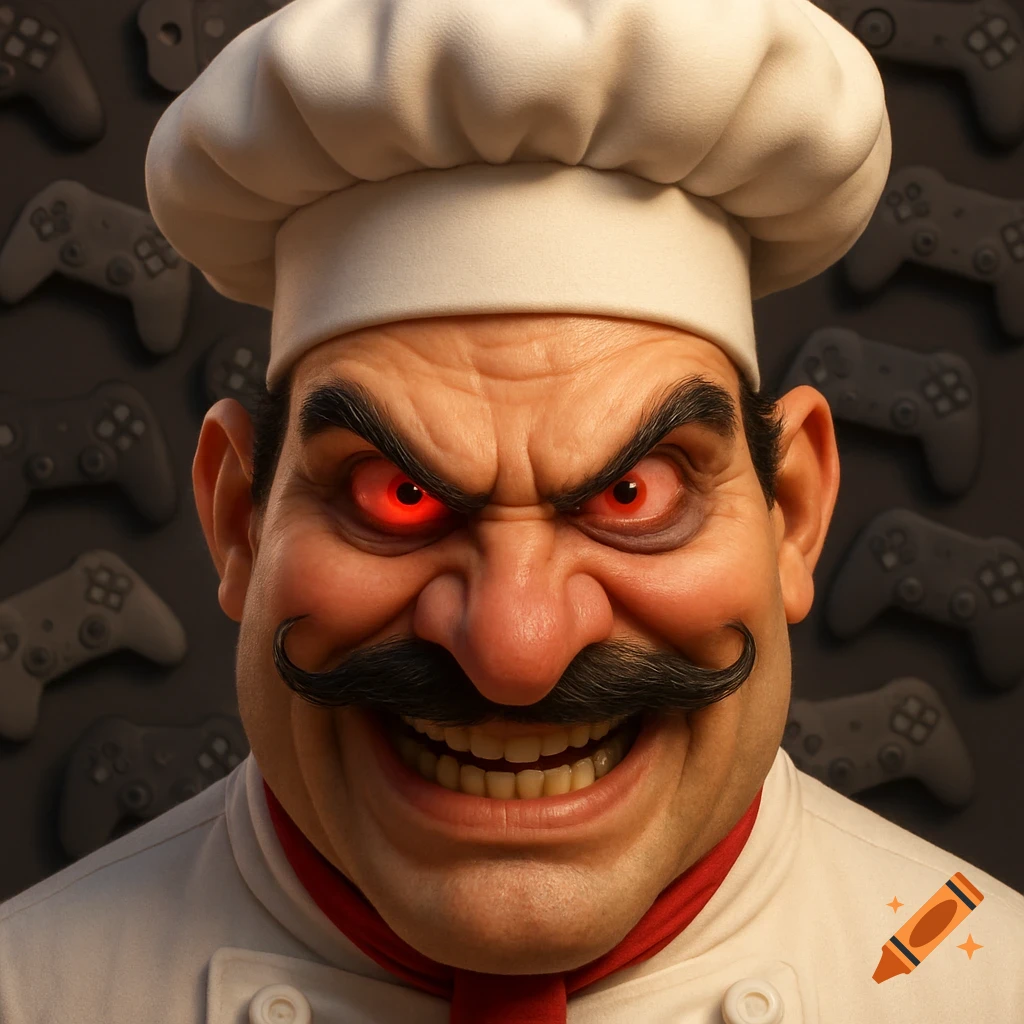 3D render of an evil chef with red eyes and a large mustache, wearing a chef hat, with a background of gaming controllers.