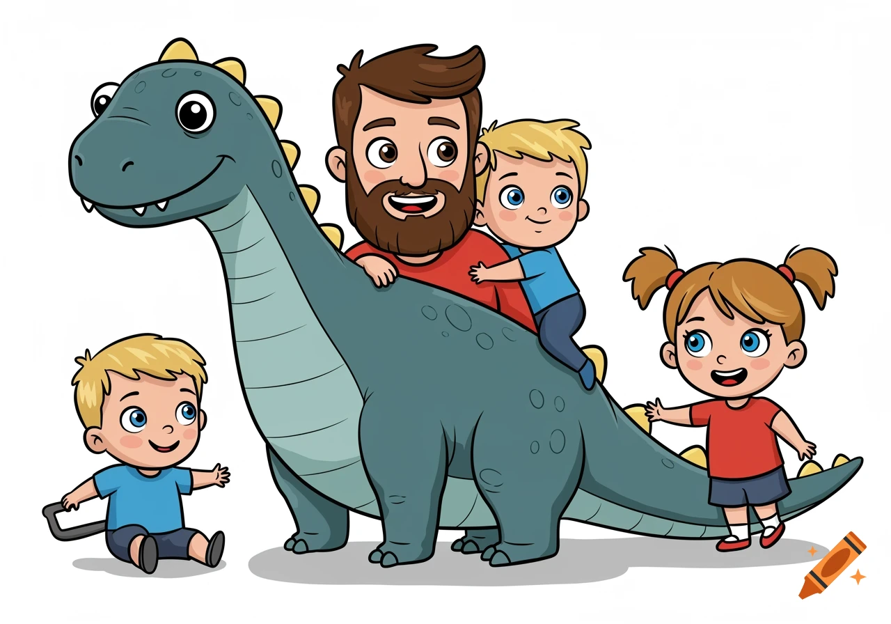 Cartoon illustration of a dad and two kids playing with a large blue dinosaur. Dad and a boy are riding on its back while another boy sits nearby and a girl stands by its tail.