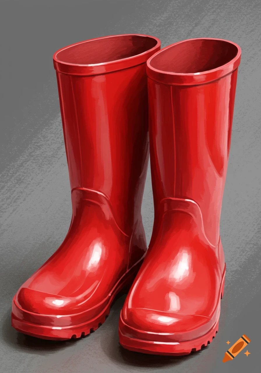 An illustration of shiny red rubber rain boots.