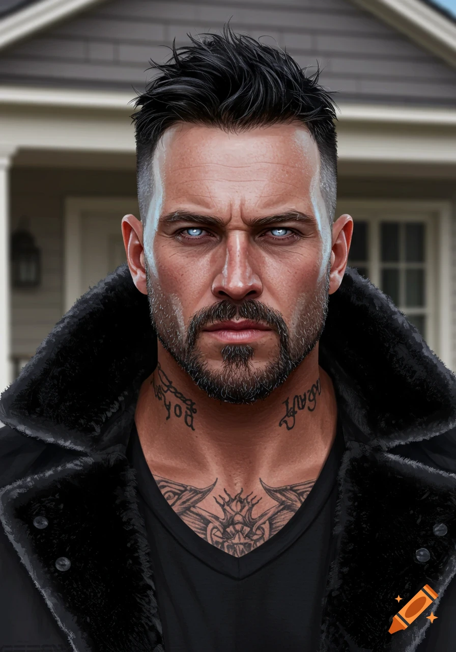 Realistic portrait of a man with icy blue eyes, beard, neck tattoos, and a black coat, standing outside a house.