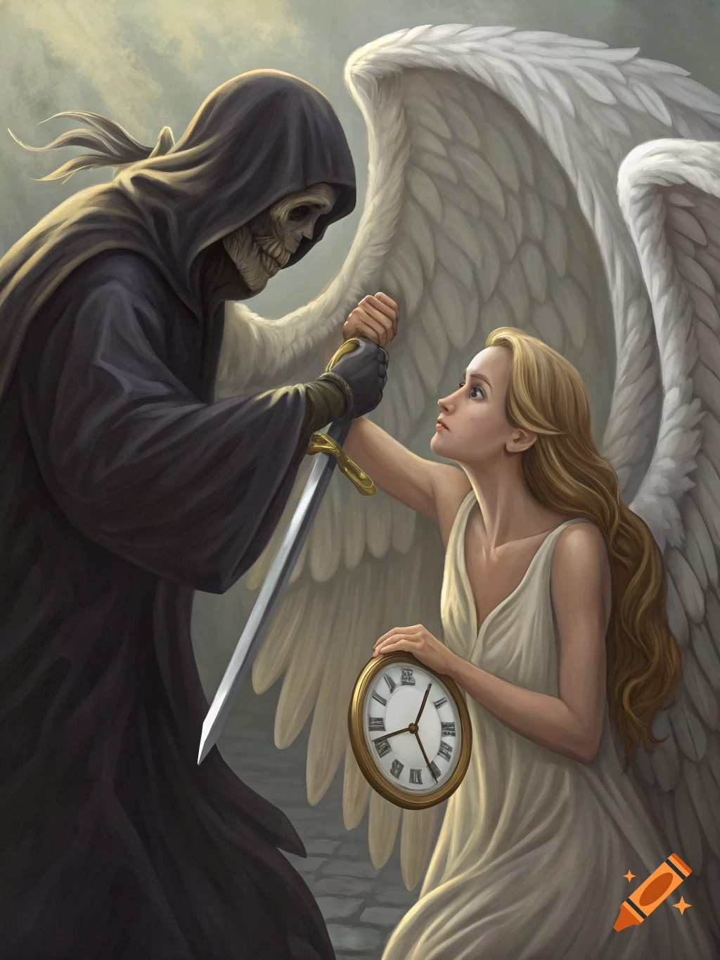 Grim Reaper with a sword confronts an angel holding a clock in a realistic style.