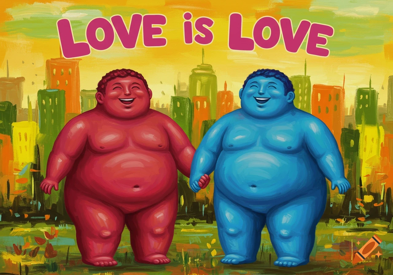 Two stylized red and blue figures hold hands in front of a colorful city with "LOVE is LOVE" text above.