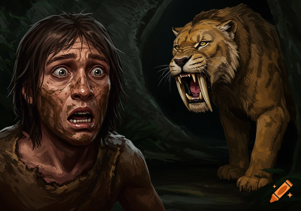 Terrified prehistoric person faces snarling saber-toothed cat in shadows