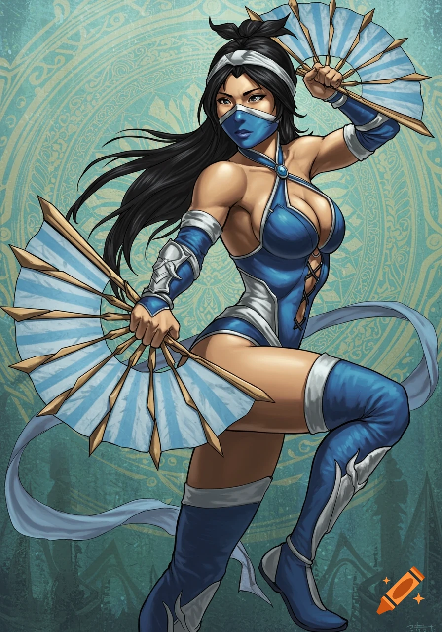 Illustration of Kitana from Mortal Kombat in blue outfit holding fans.