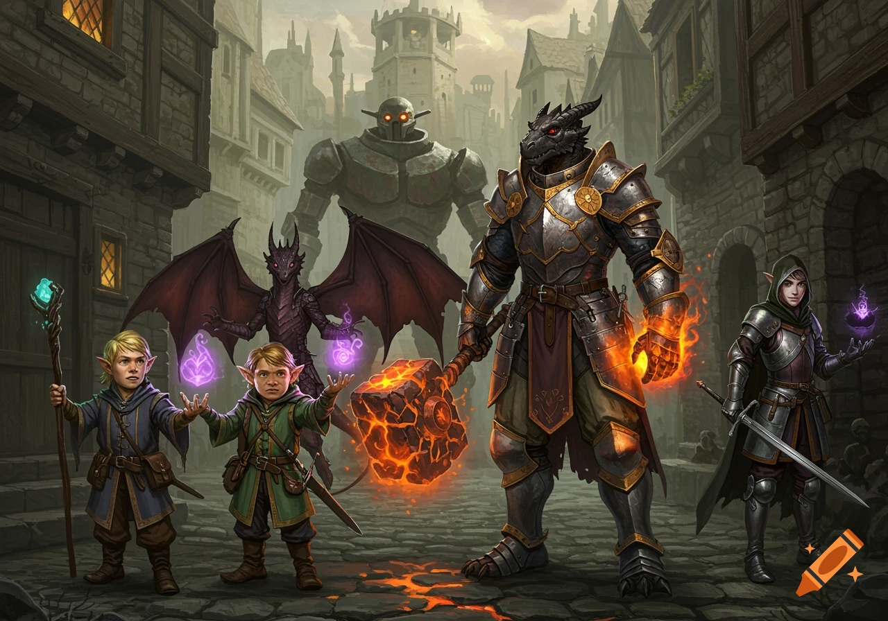 Fantasy illustration of a Dungeons & Dragons party (dragonborn, elf, gnome, halfling) in a medieval town with a golem.