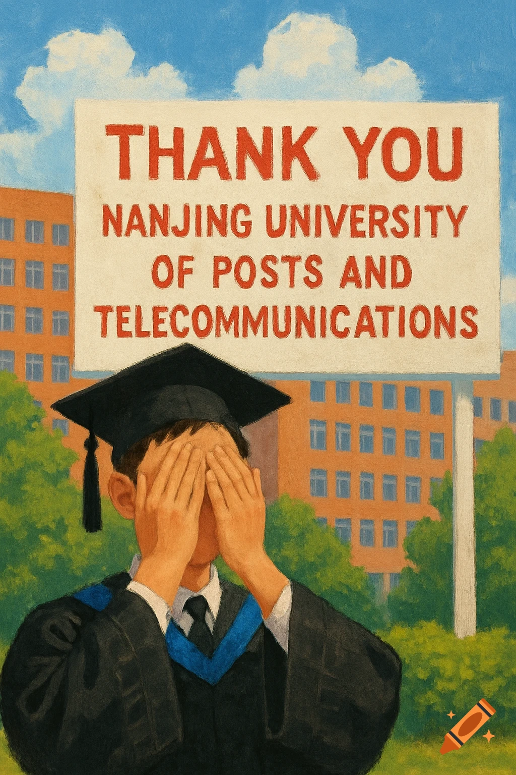 A graduate in cap and gown covers their face in front of a sign saying 'THANK YOU NANJING UNIVERSITY OF POSTS AND TELECOMMUNICATIONS'. Painterly style.