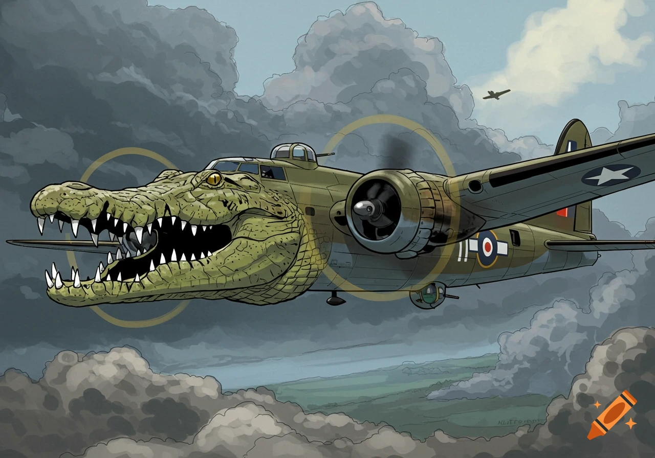 Cartoon illustration of a bomber plane with a crocodile head flying through stormy clouds.