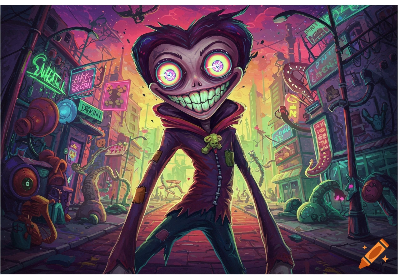 A grotesque, heart-headed character with a wide grin stands in a neon-lit stylized city street.