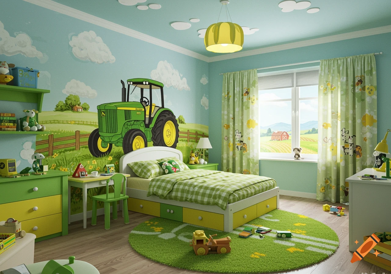 A John Deere tractor-themed child's bedroom with a wall mural, green and yellow furniture, and farm decor.