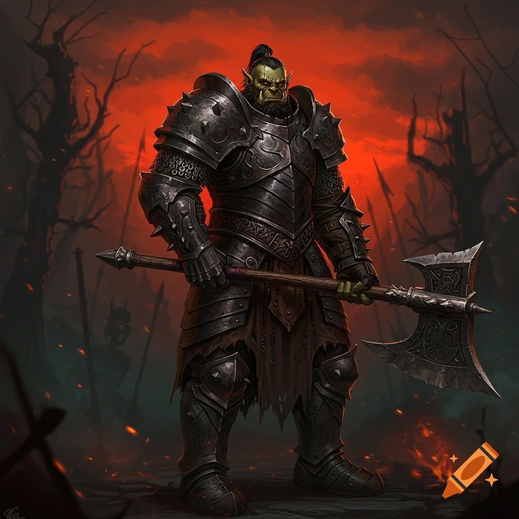 A dark fantasy illustration of a heavily armored orc warrior holding a large double-bladed axe. The background is a desolate landscape with dead trees under a red sky.