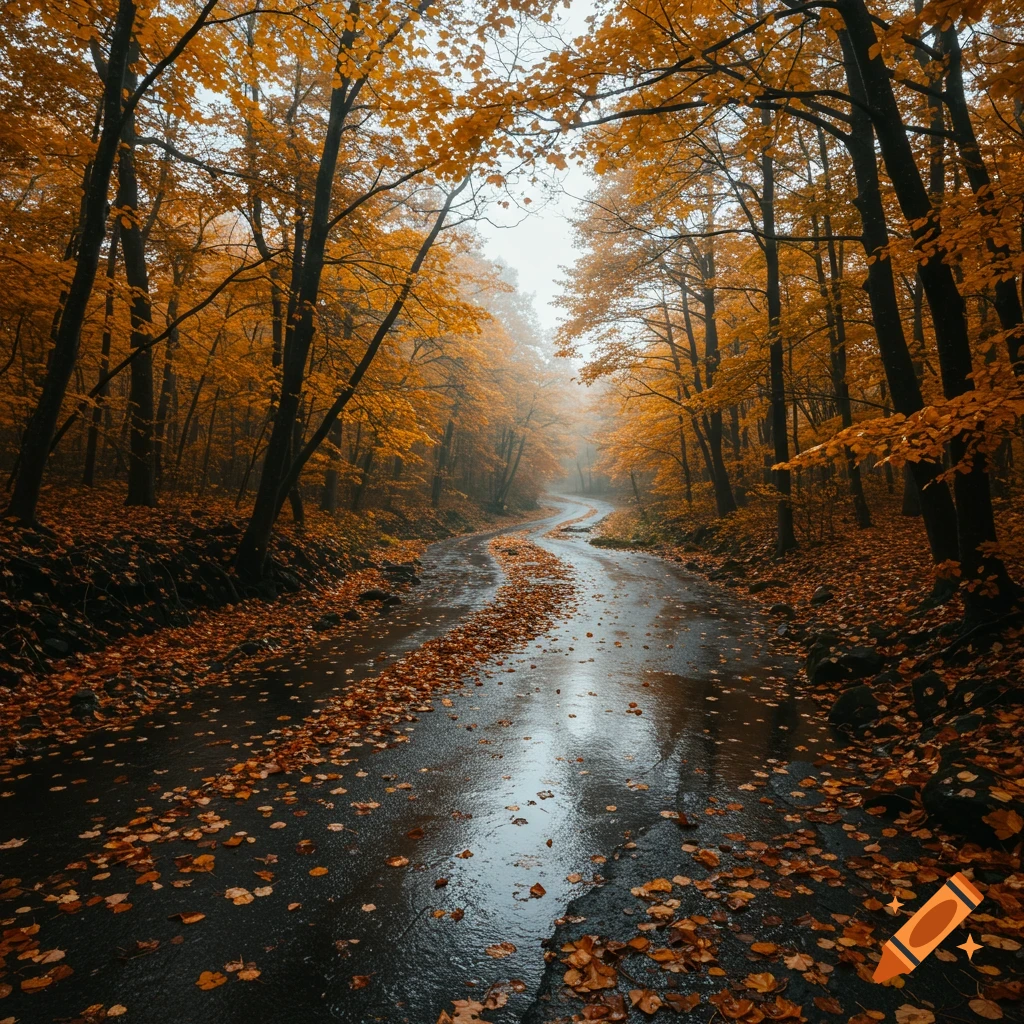 A winding road through a foggy forest during autumn with orange leaves ...