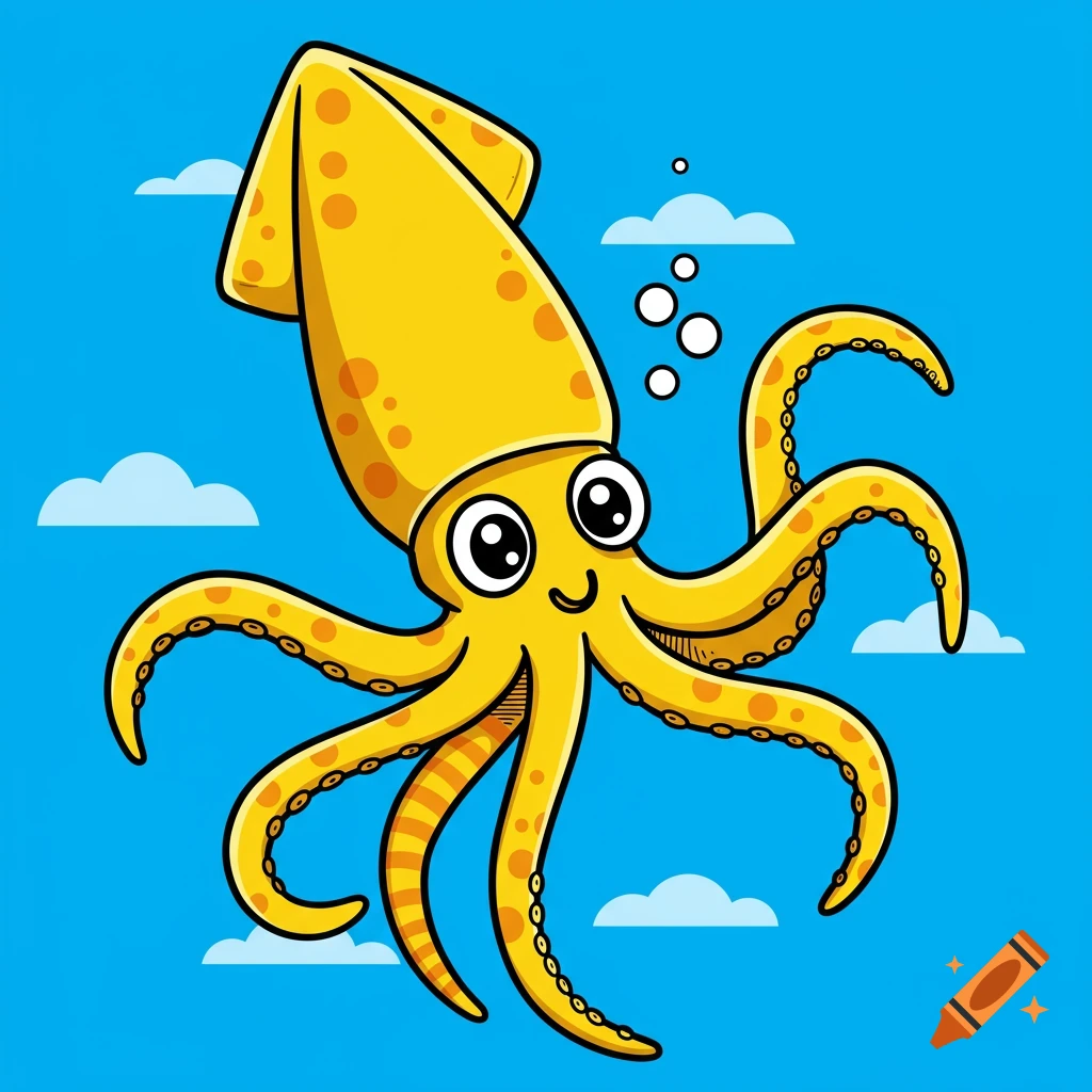 Cartoon yellow squid floating in a blue sky with clouds