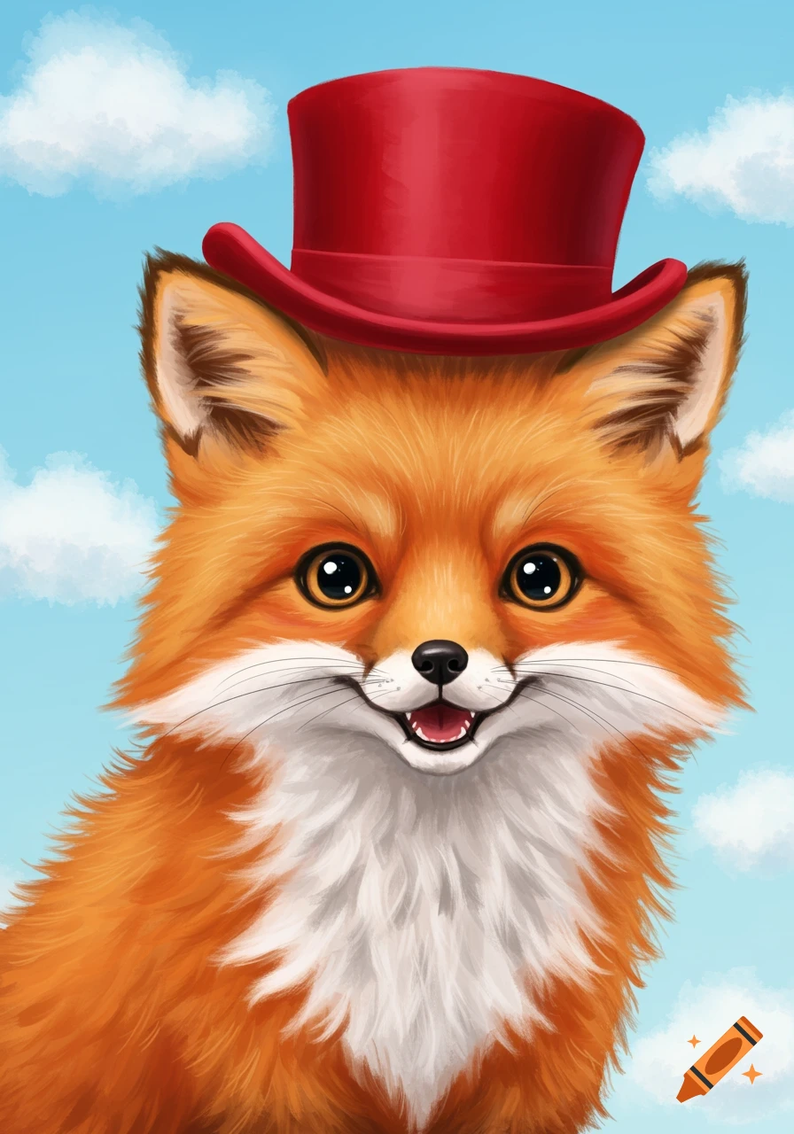 A cute cartoon fox wearing a red top hat against a blue sky with clouds.