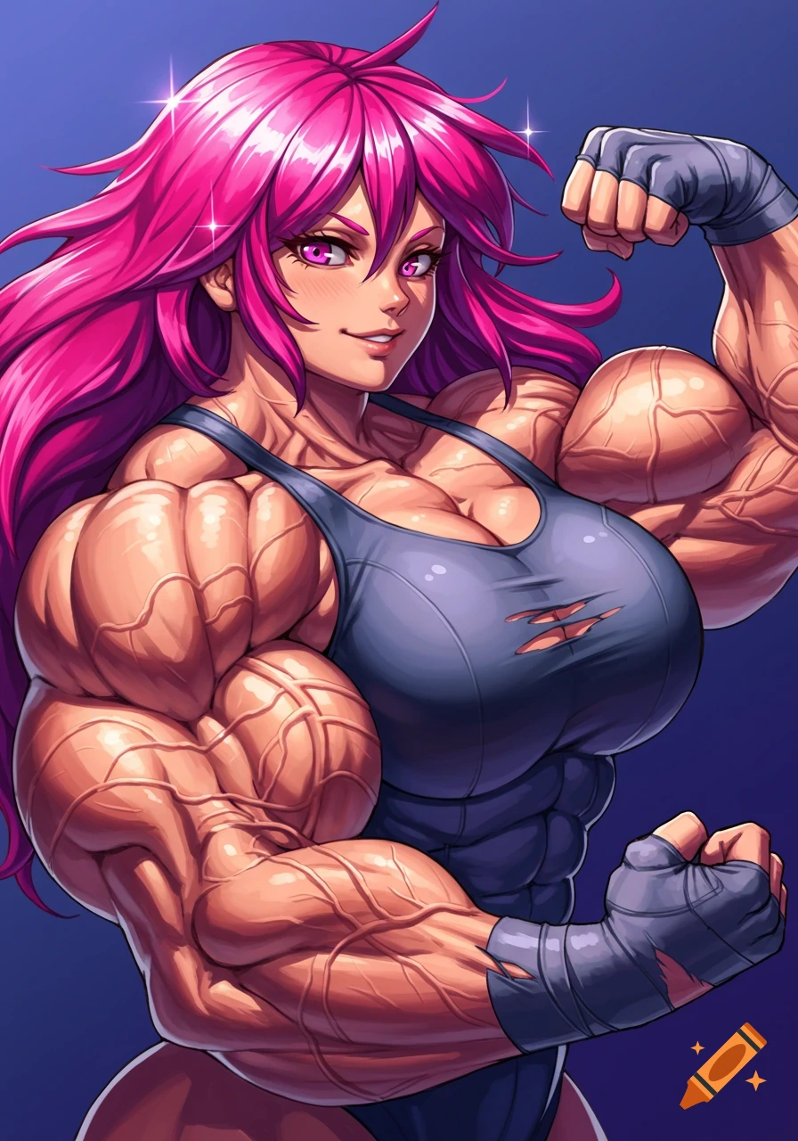 Anime woman with pink hair flexing large biceps