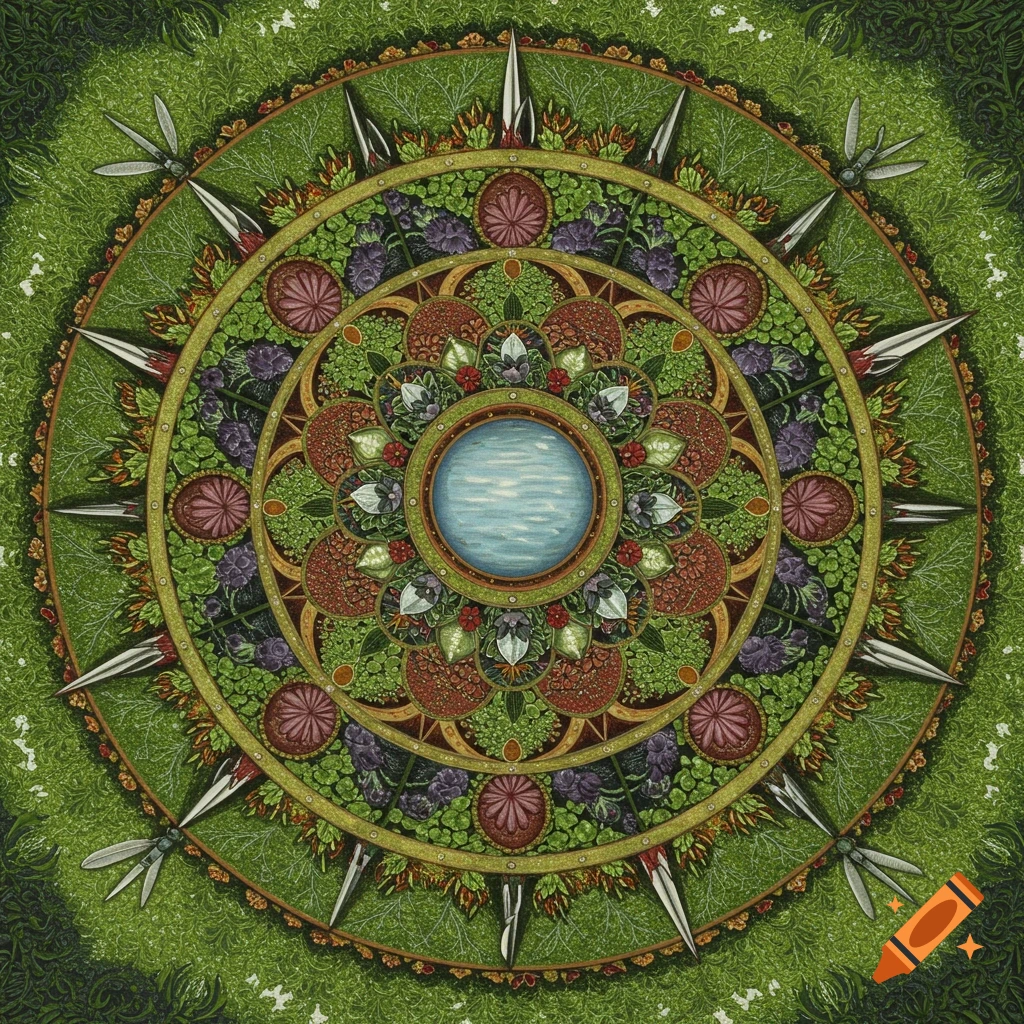 Detailed circular mandala design featuring concentric rings of botanical elements and a central water circle.