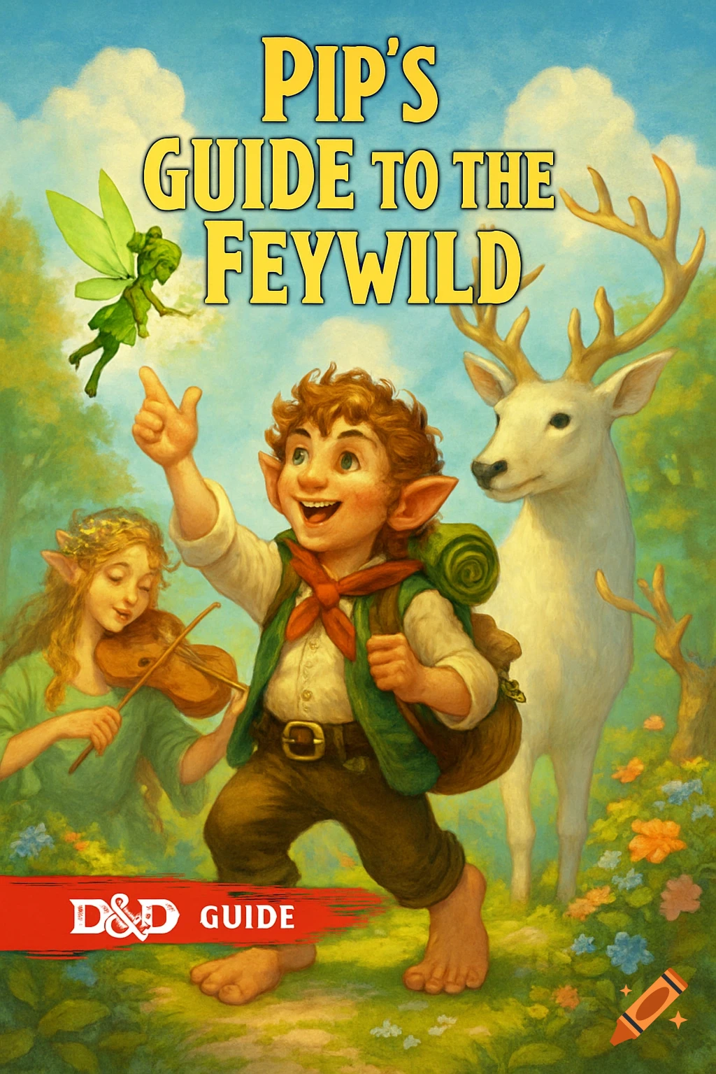 Fantasy illustration book cover of a halfling pointing at a fairy, with an elf playing violin and a white deer.