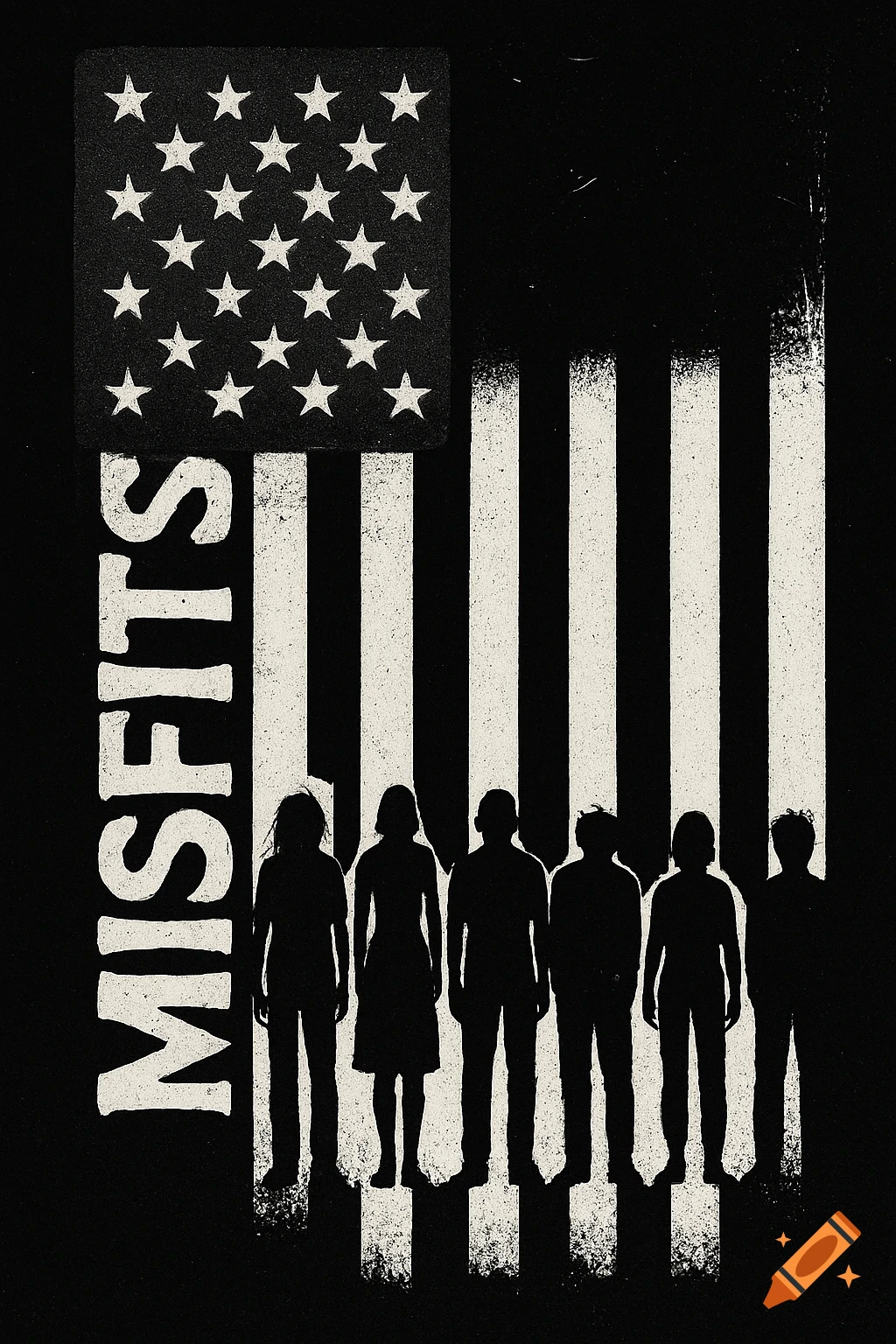 Black and white design of vertical American flag with silhouettes as stripes and MISFITS text
