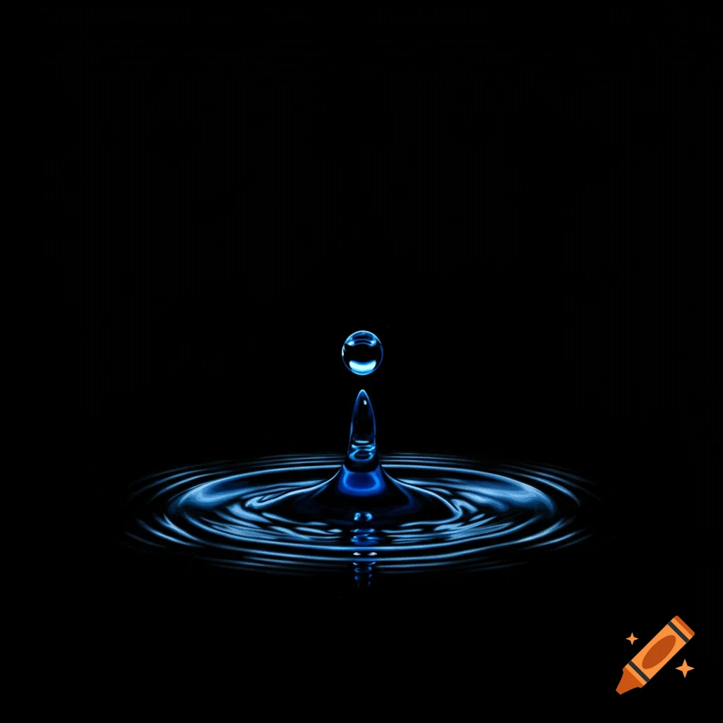 Blue water droplet splashing into ripples on a black background.