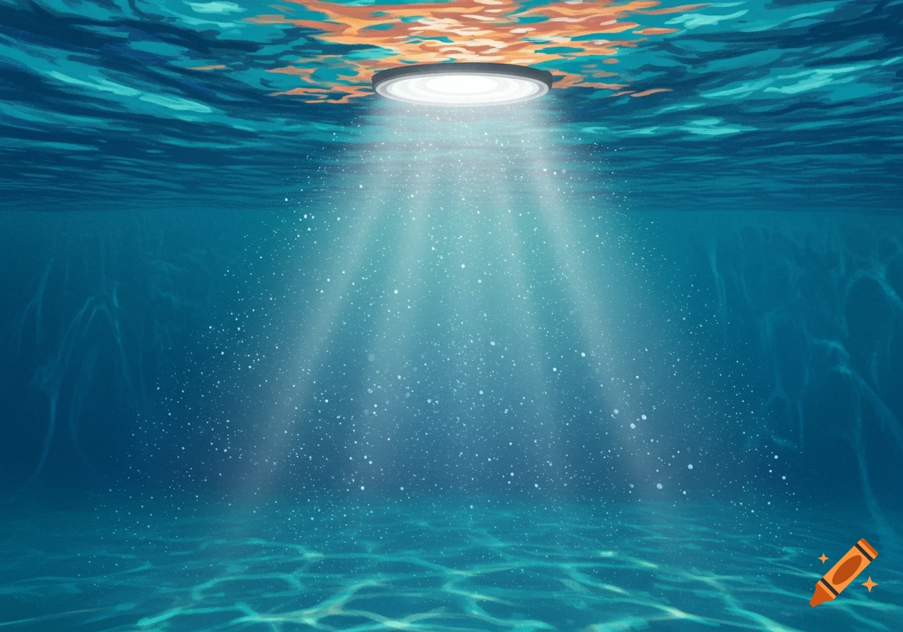Underwater view of light rays filtering down from a source at the surface, illuminating particles in the deep blue water.