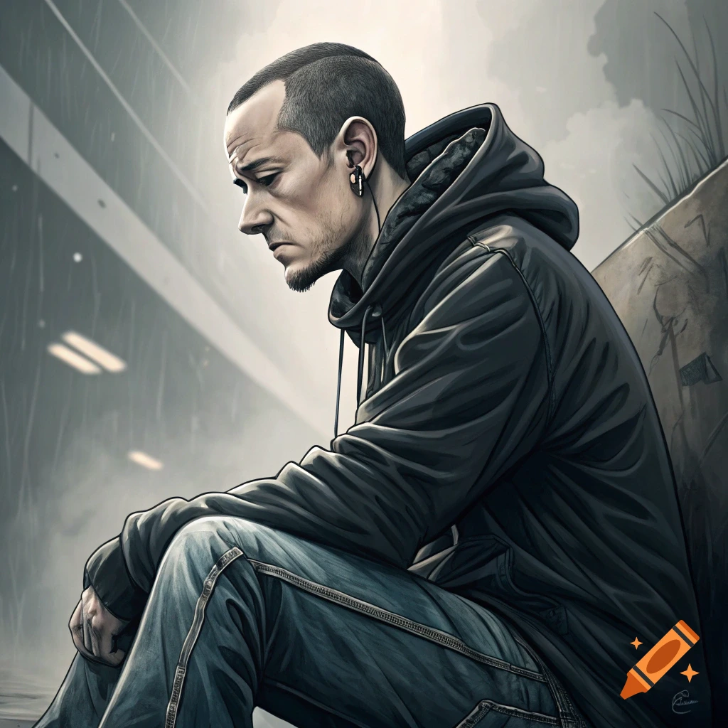 Illustration of a man in a black hoodie sitting in the rain, head bowed.