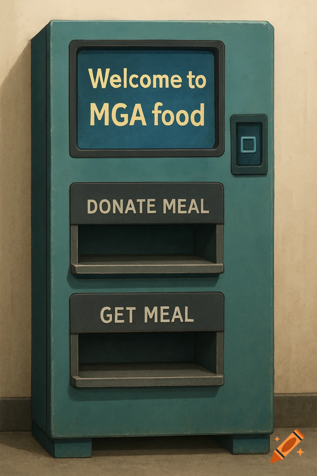 A teal vending machine with a screen displaying "Welcome to MGA food" and buttons for "Donate Meal" and "Get Meal".