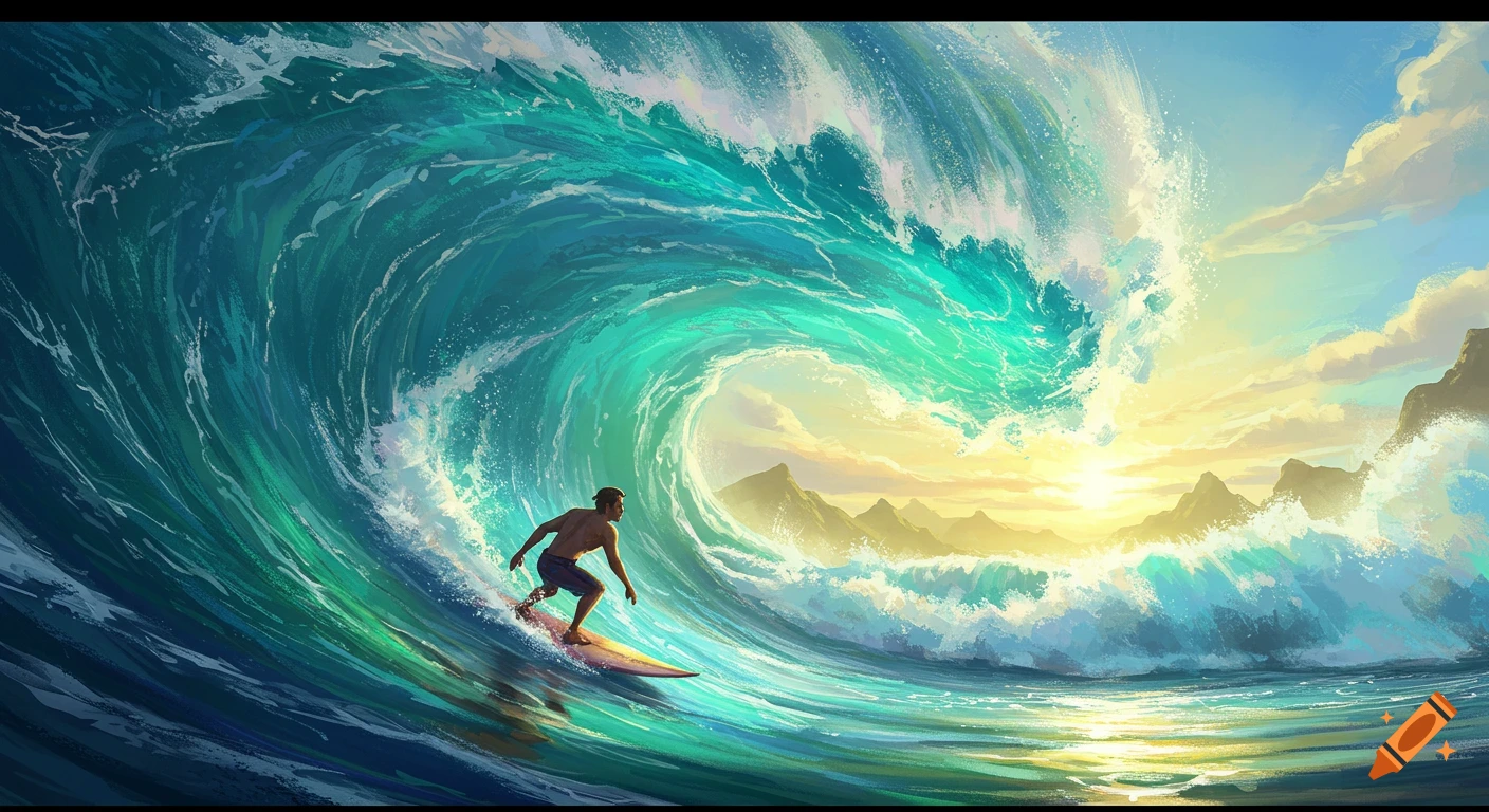 A stylized painting of a surfer riding a huge blue and green wave with mountains in the background at sunset.