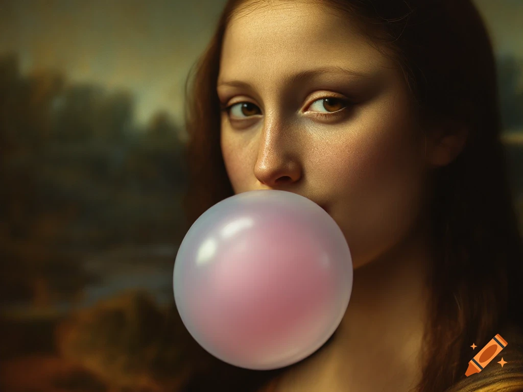Close-up of a woman resembling the Mona Lisa blowing a pink bubble gum bubble, in a photorealistic renaissance painting style.