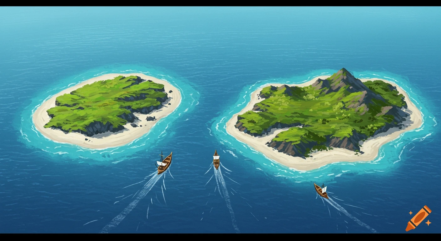Aerial illustration of two green tropical islands in blue water with three boats sailing between them.