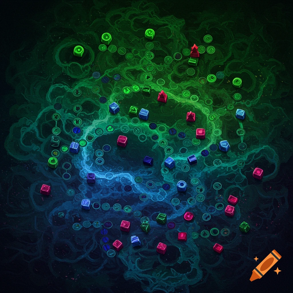 Overhead view of a colorful board game layout with blue, green, and red pieces on a dark, atmospheric background.