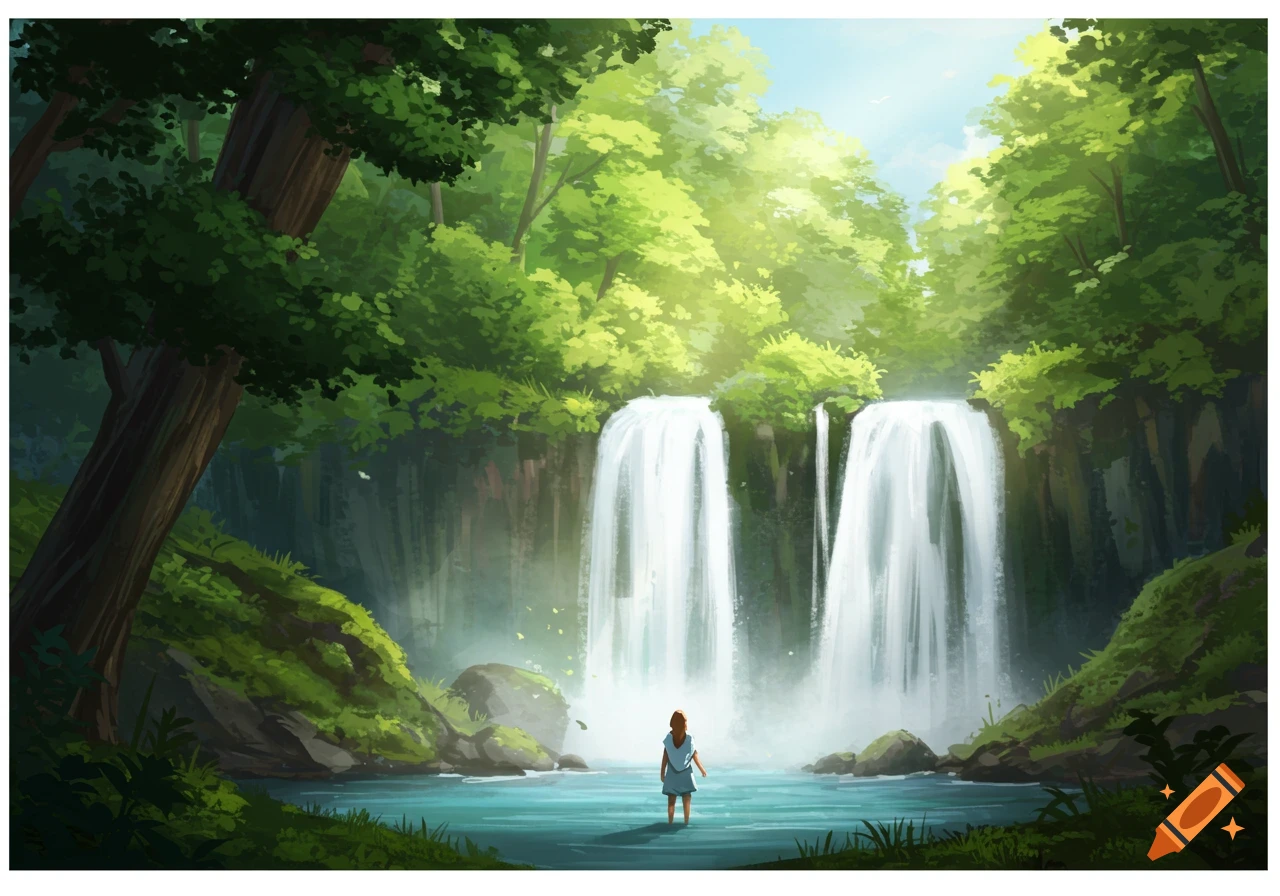 A person stands in the water in front of a large waterfall in a bright, sunlit forest.