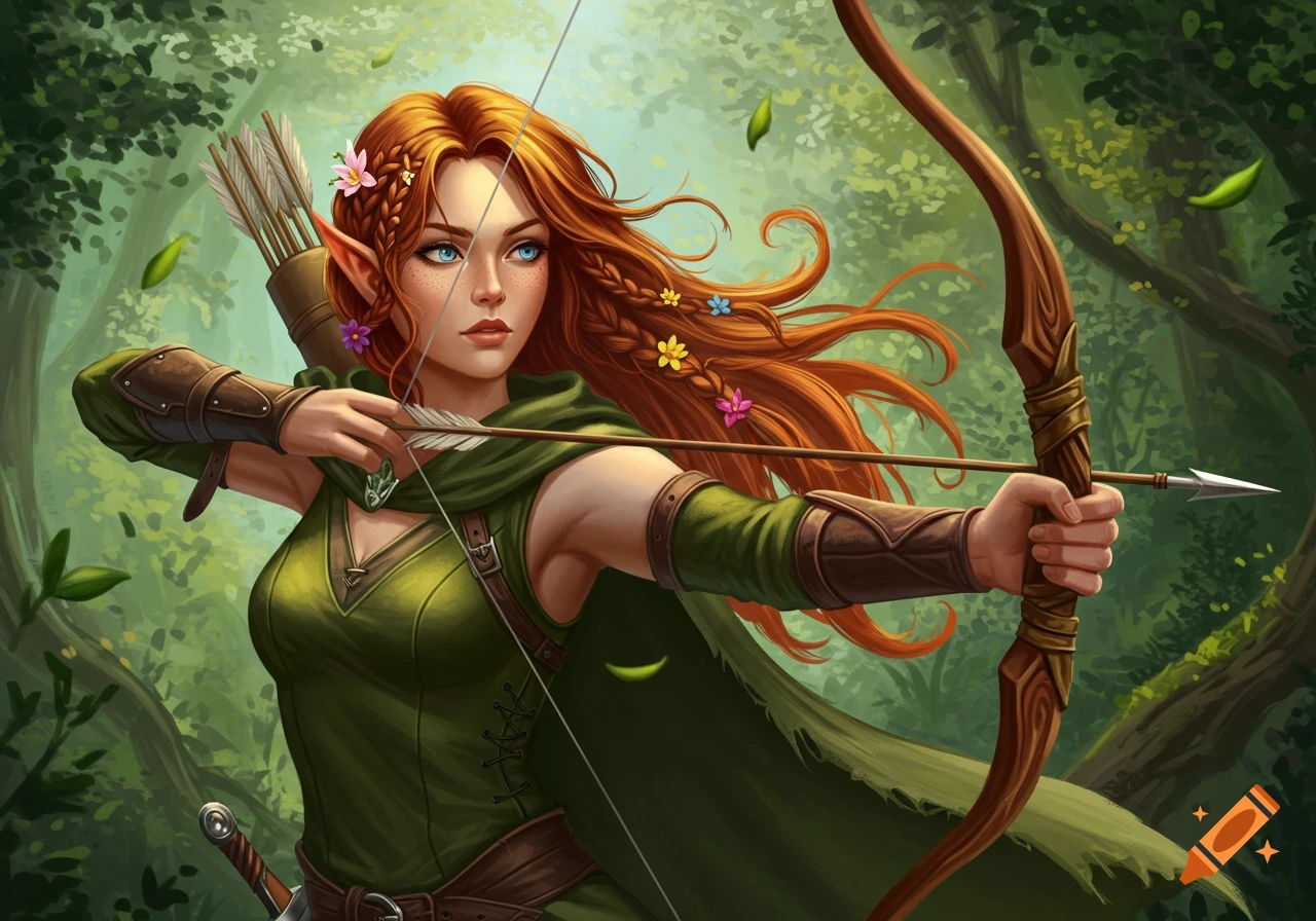 An elf archer with red hair draws a bow in a sunlit forest.