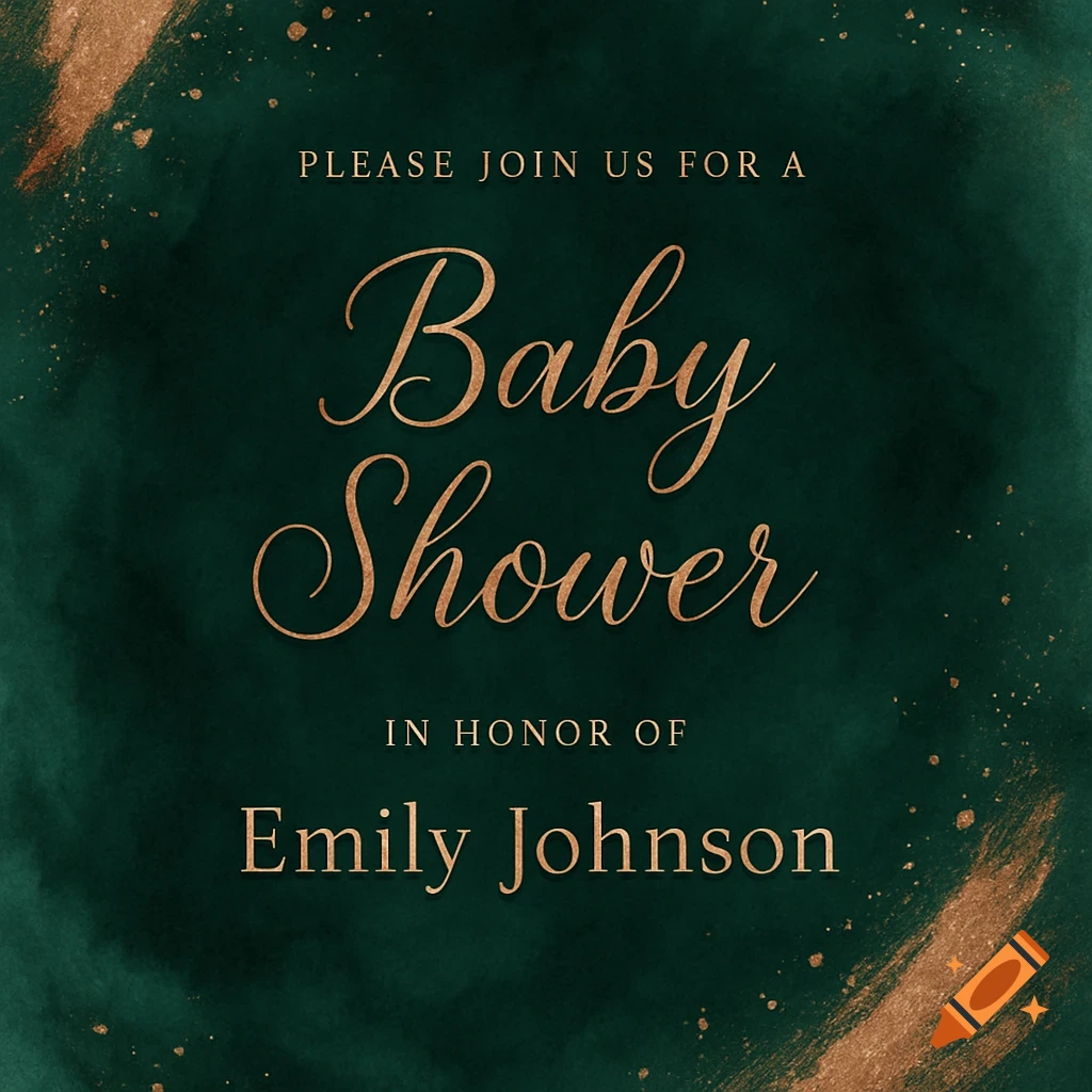Baby shower invitation with emerald green background and gold text and accents.