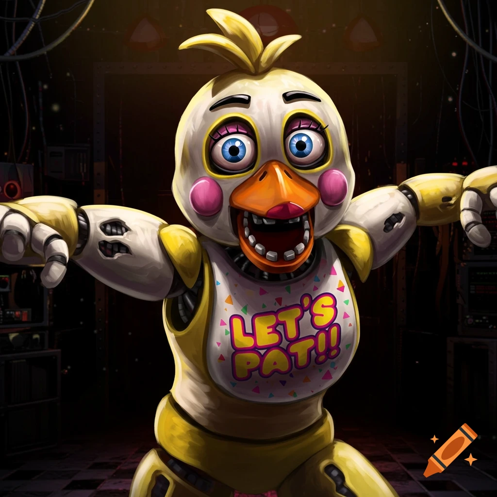 Chica the Chicken animatronic from Five Nights at Freddy's in a dark room, wearing a bib that says 'LET'S PAT!!'.